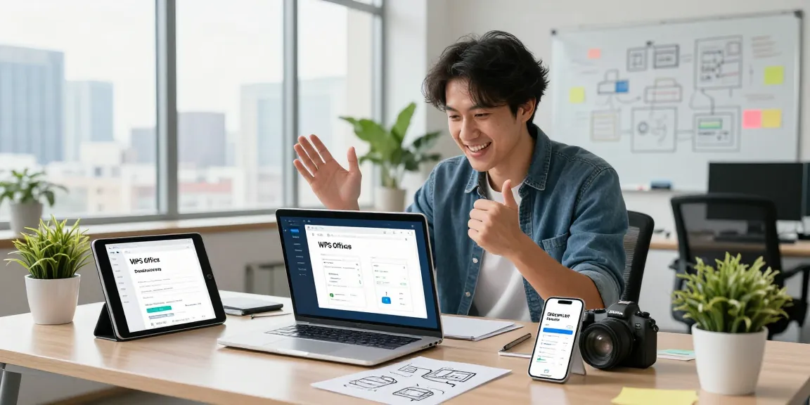WPS Download in a modern workspace with tech devices and productivity tools