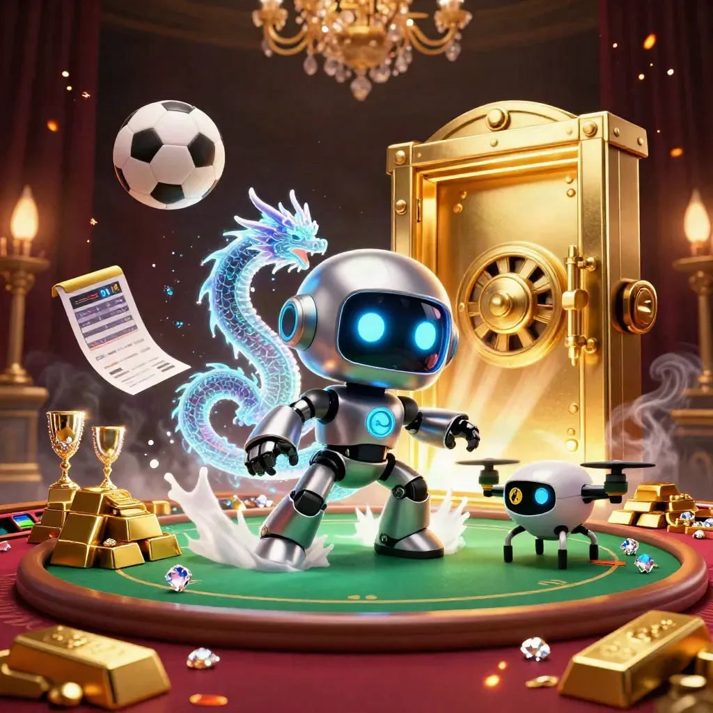 Robot cyberpunk, drago olografico e drone tra caveau d'oro e pallone, in scena notturna.