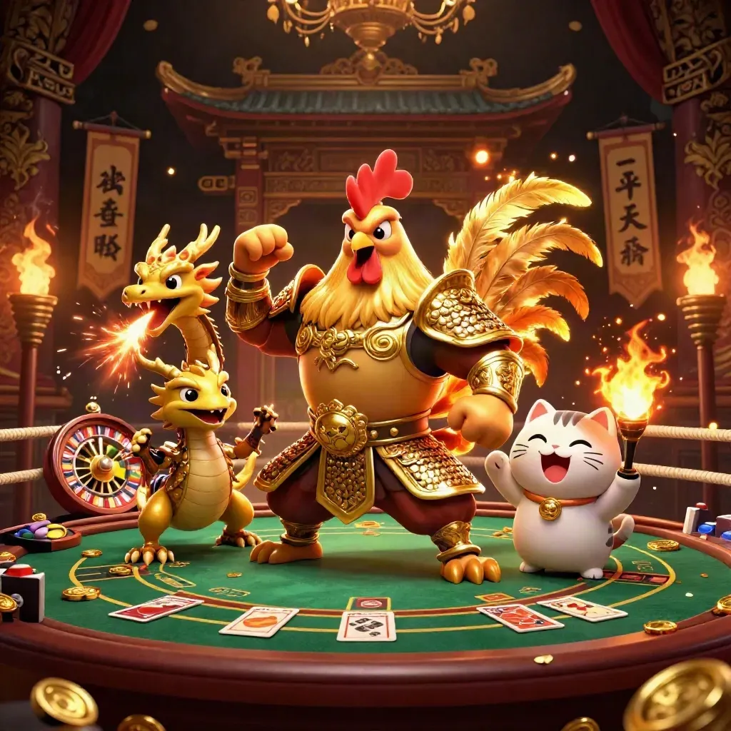 Gallo guerriero, draghetto e gatto portafortuna in un casinò dorato con ruota e carte.