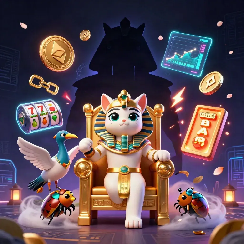 Gatto faraone con ibis e scarabei, monete crypto e simboli slot su fondo neon.