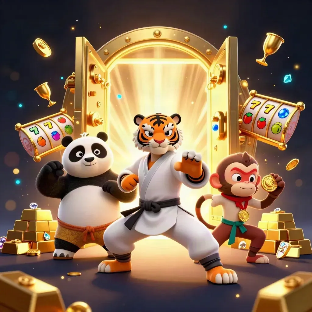 Tigre kung-fu, panda e scimmia tra forziere d’oro, fiches e simboli slot, luce cinematica.